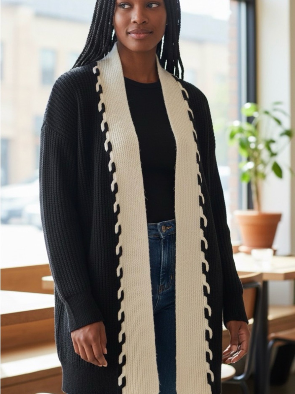 Express Open-Front Black Cardigan with Cream Contrast Trim